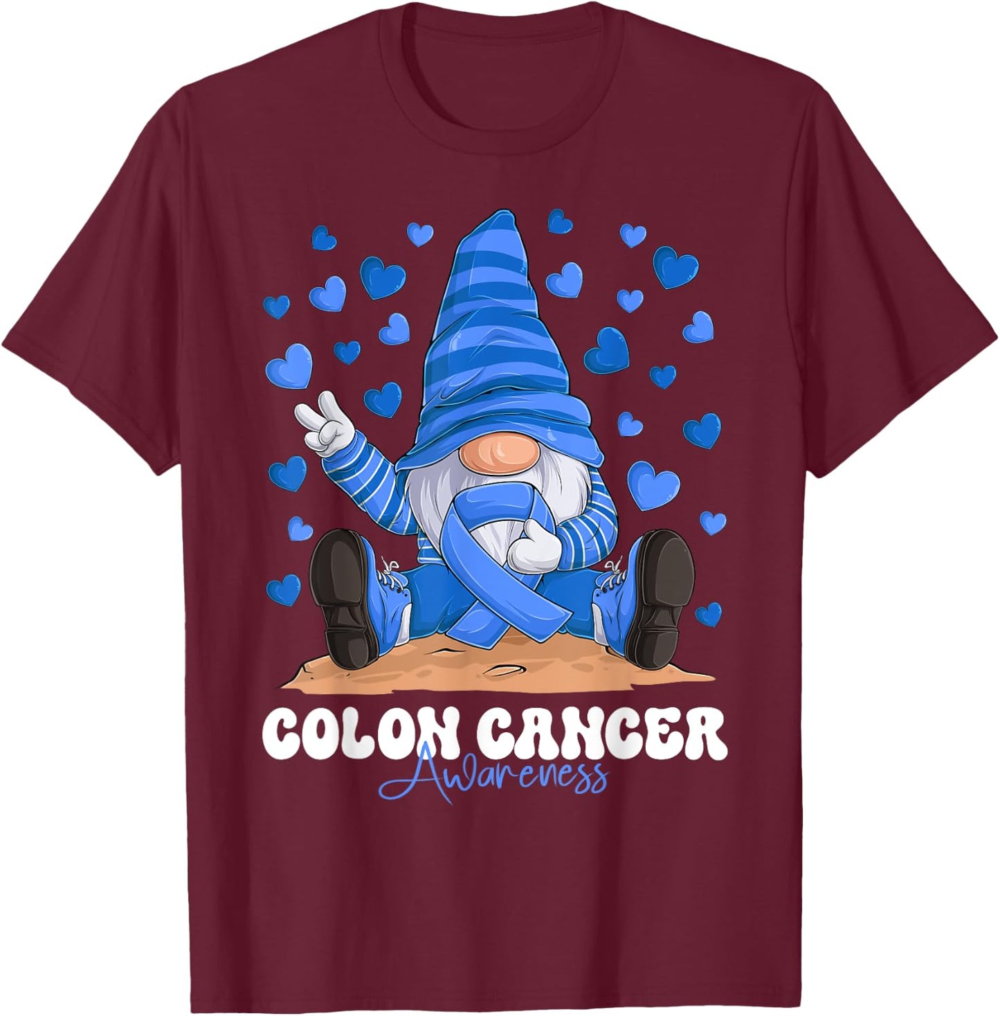 Colon Cancer Awareness Month Blue Ribbon Gnome T-Shirt - T-Shirt | Maroon