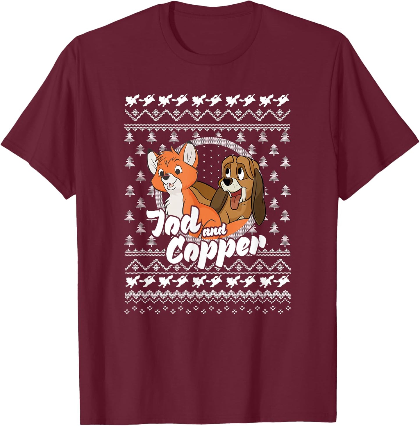Disney The Fox and The Hound Christmas Tod and Copper Logo T-Shirt - T-Shirt | Maroon