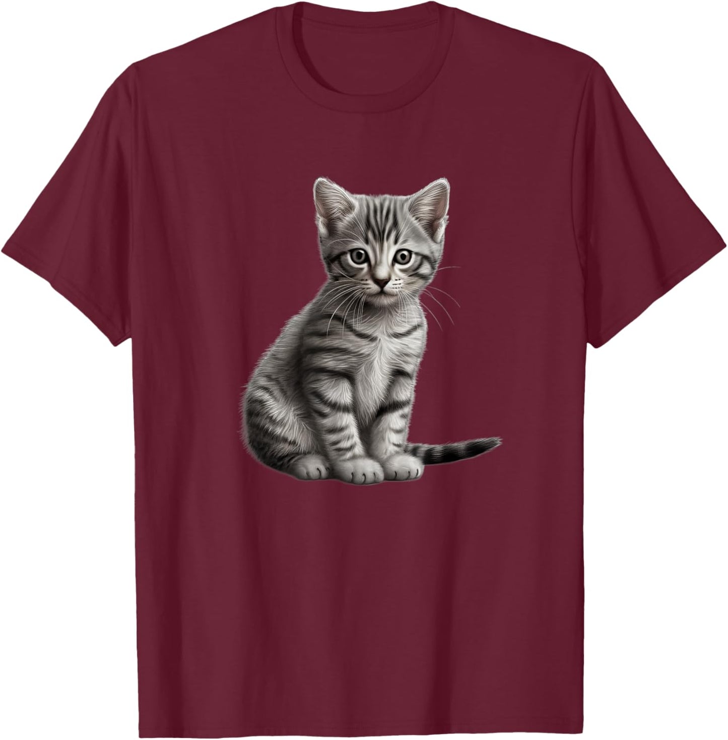 Grey Tabby Cat : Women's Cat-Themed Kids , Black, Small, Short Sleeve, Classic Fit, , Cute, Spring, Summer T-Shirt - T-Shirt | Maroon