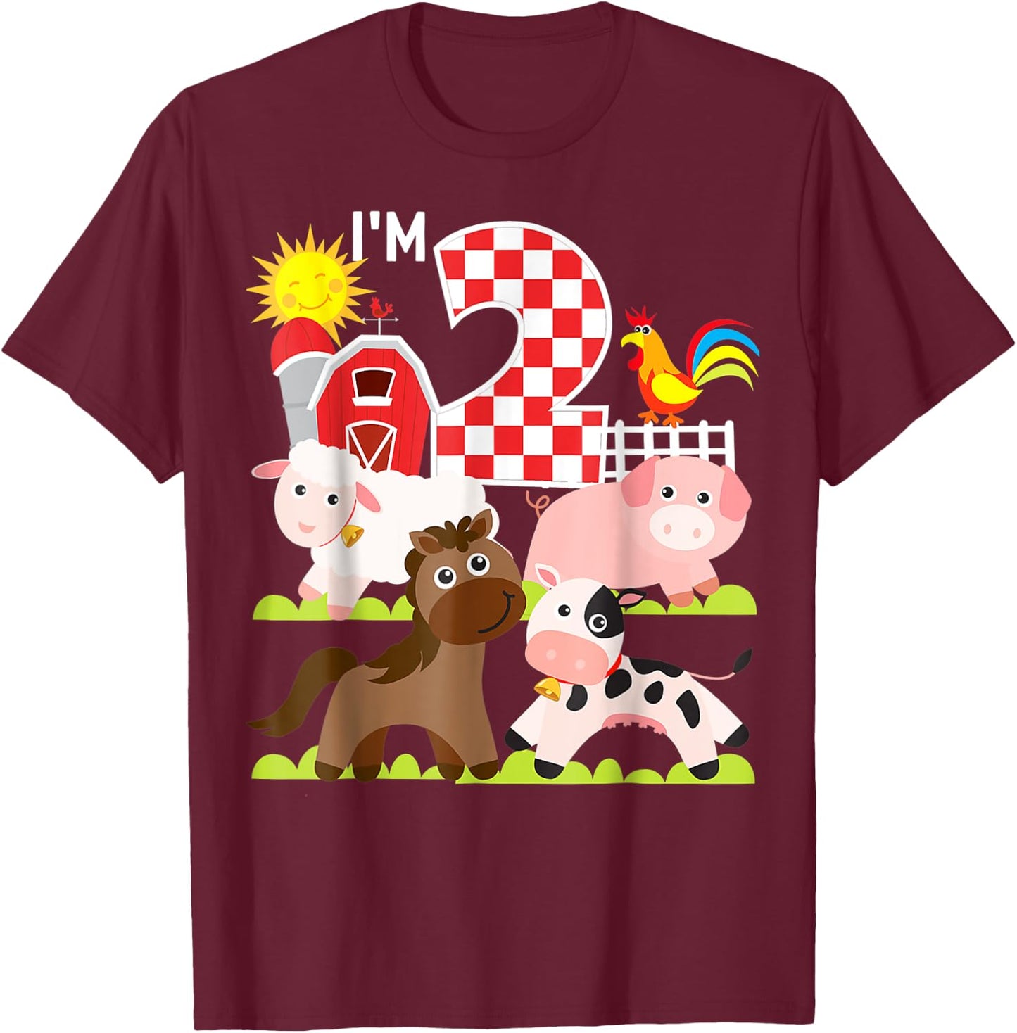 Farm Animals Barnyard 2nd Birthday I'm 2 Year Old Toddler T-Shirt - T-Shirt | Maroon