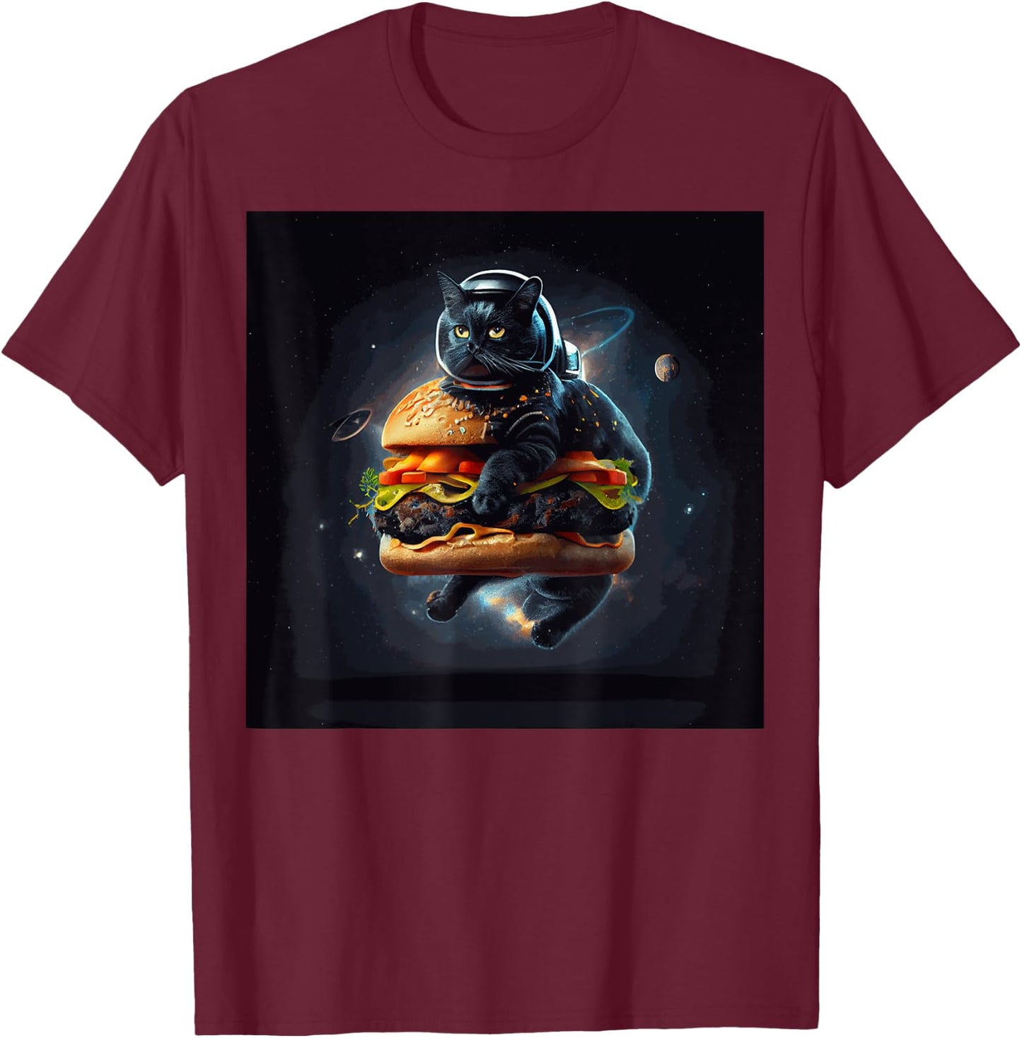 Funny Black Cat Astronaut Hamburger For Kids, Women, Men T-Shirt - T-Shirt | Maroon