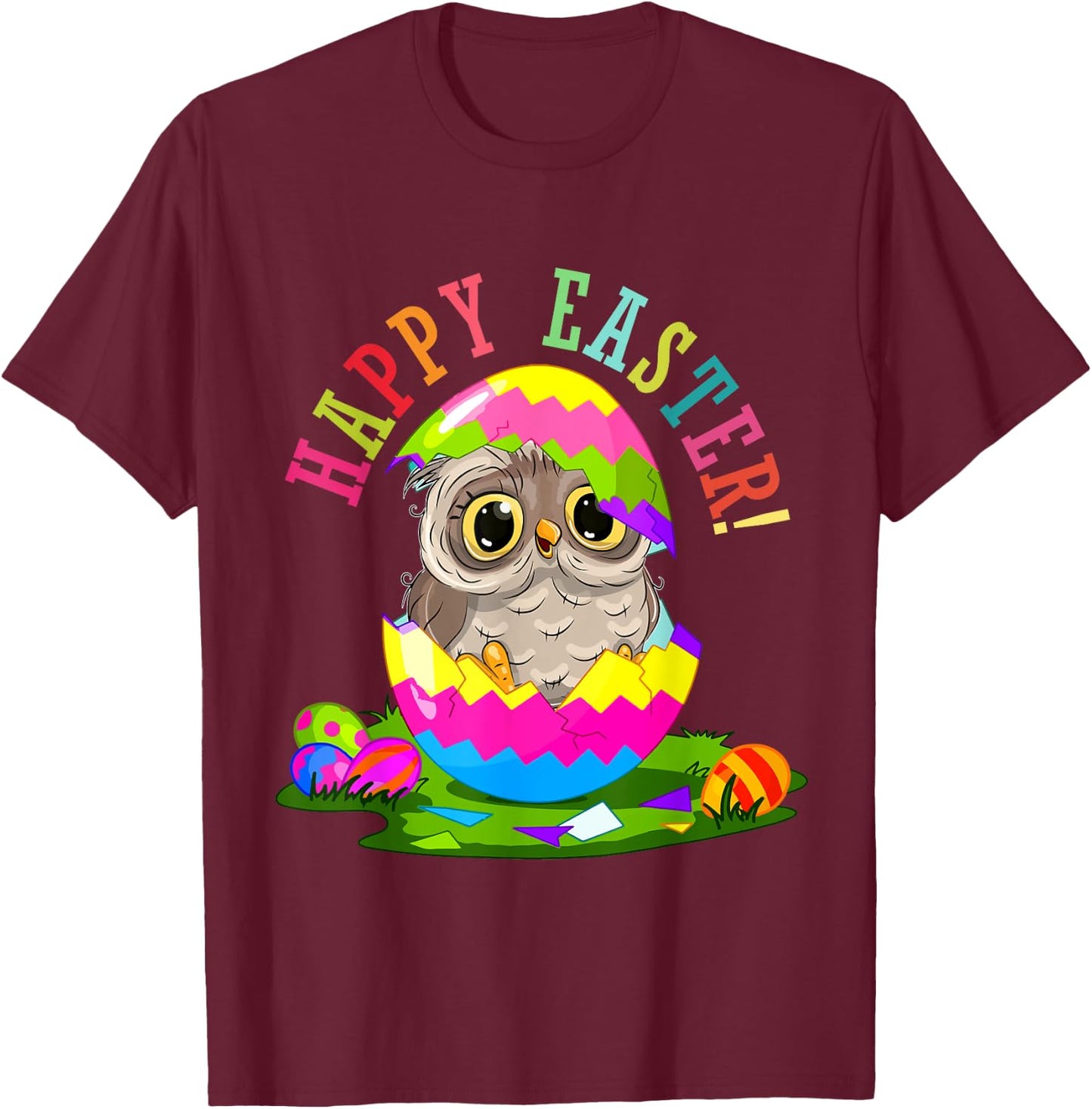 Happy Easter Owl In Chocolate Egg Hunting Eggs Lover Kids T-Shirt - T-Shirt | Maroon
