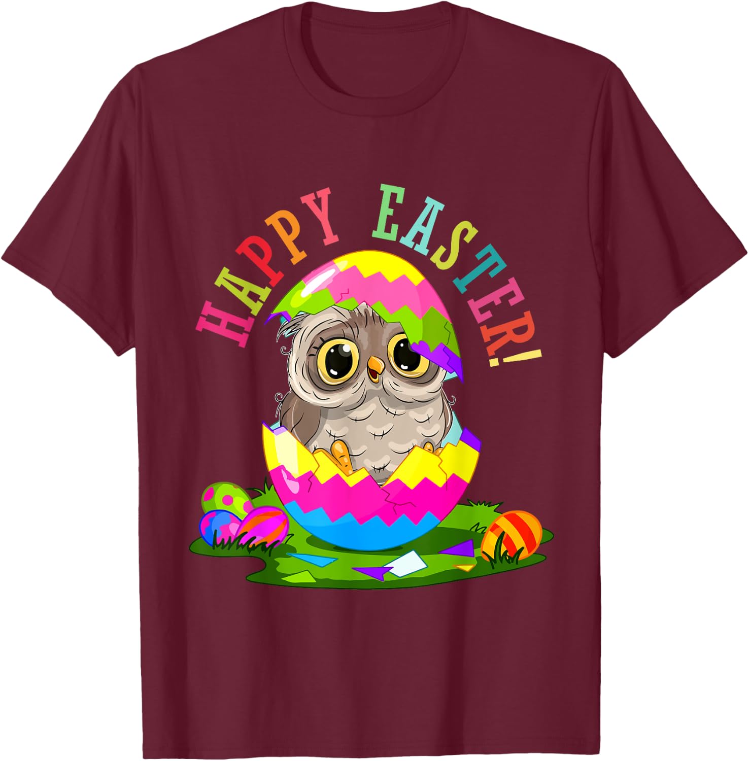 Happy Easter Owl In Chocolate Egg Hunting Eggs Lover Kids T-Shirt - T-Shirt | Maroon