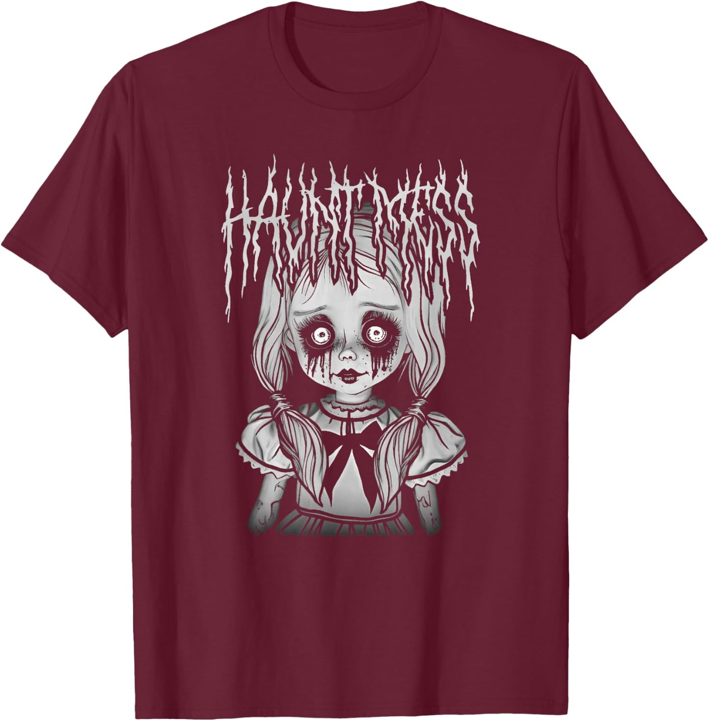 Haunt Mess Creepy Haunted Doll Illustration T-Shirt - T-Shirt | Maroon