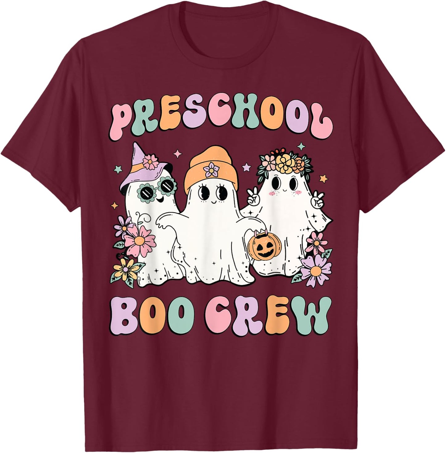 Preschool Boo Crew Groovy Halloween Floral Ghost Teacher Men Women Kids T-Shirt - T-Shirt | Maroon