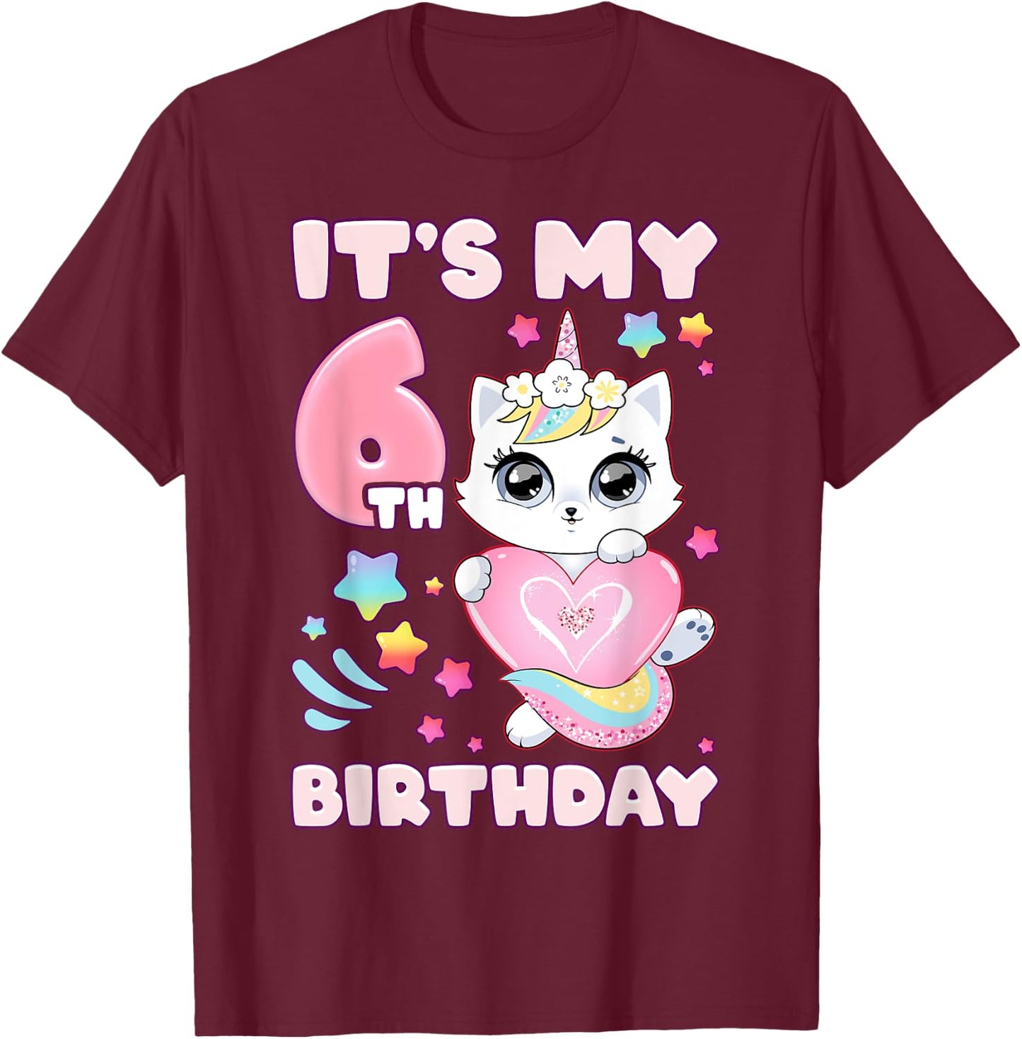 Birthday girl 6 years old, cat, unicorn, 6th birthday T-Shirt - T-Shirt | Maroon