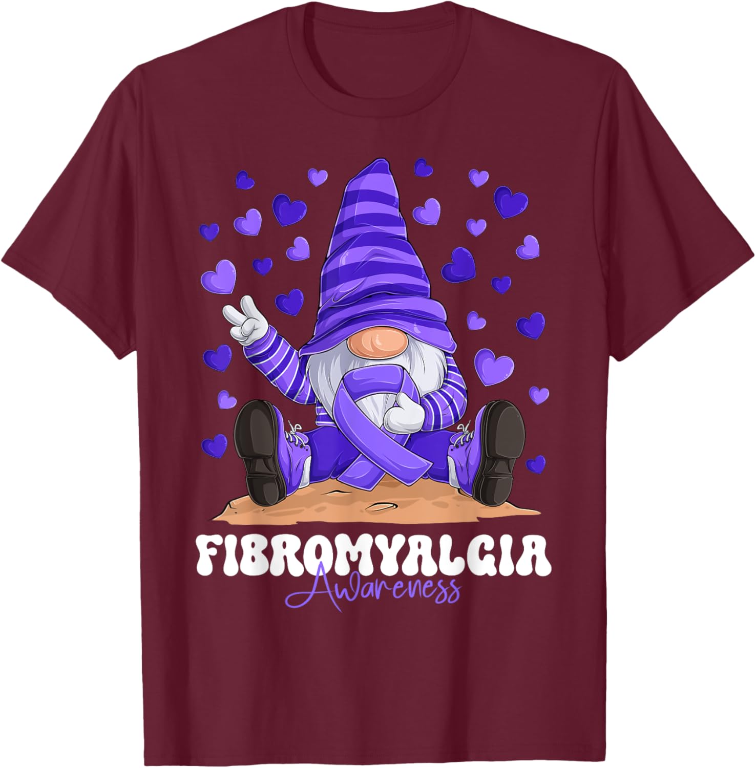 Fibromyalgia Awareness Month Purple Ribbon Gnome T-Shirt - T-Shirt | Maroon