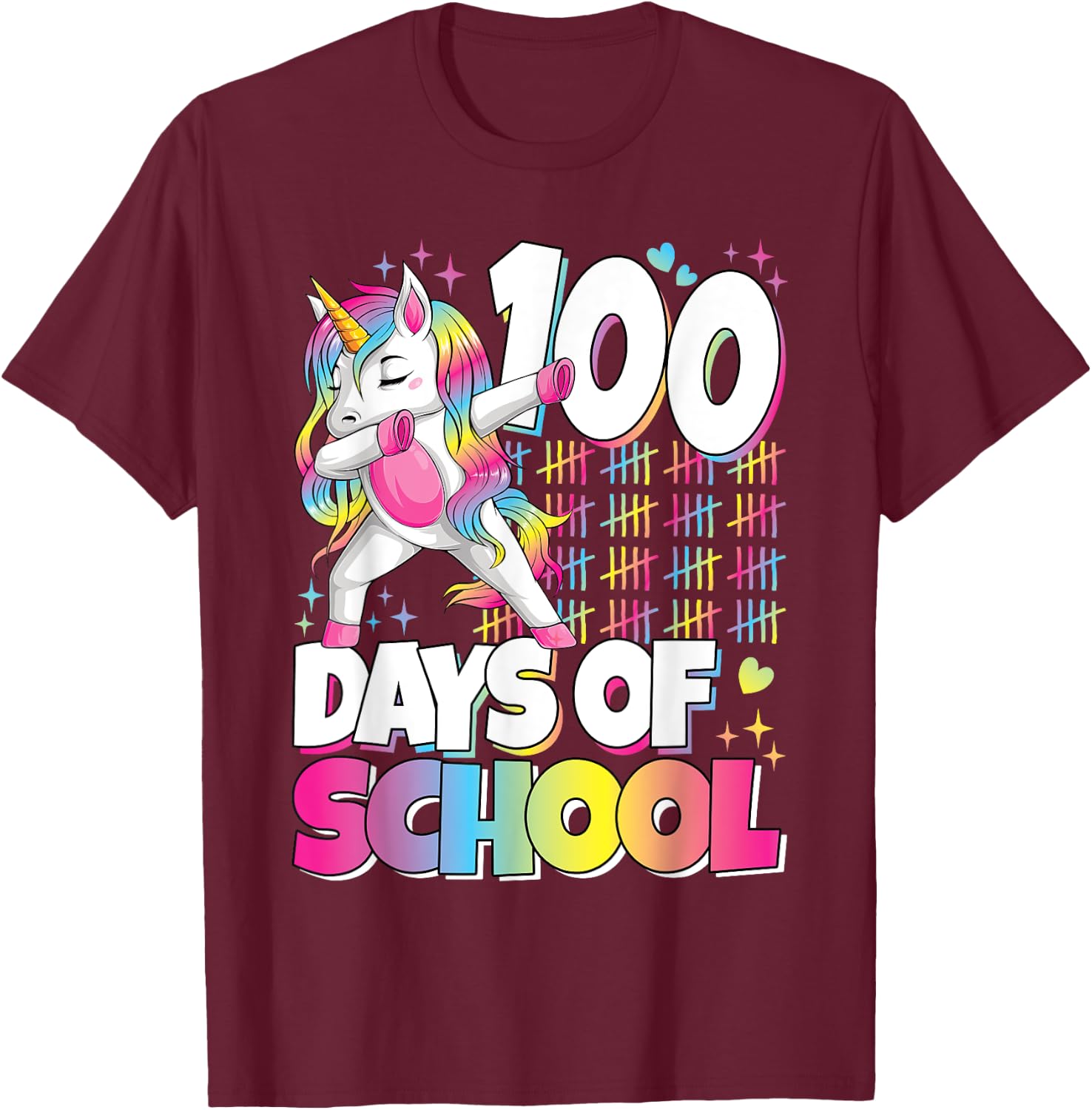 Cute 100 Days Of School Unicorn 100th Day Of School Girls T-Shirt - T-Shirt | Maroon