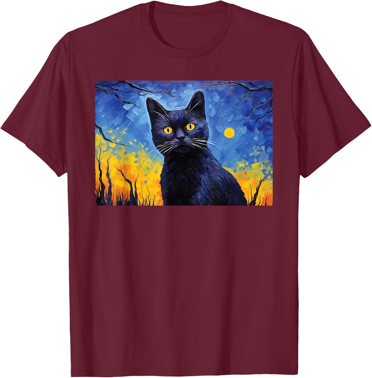 black cat Painting art Starry Night kitty kitten Van Gogh Men Women Kids T-Shirt - T-Shirt | Maroon