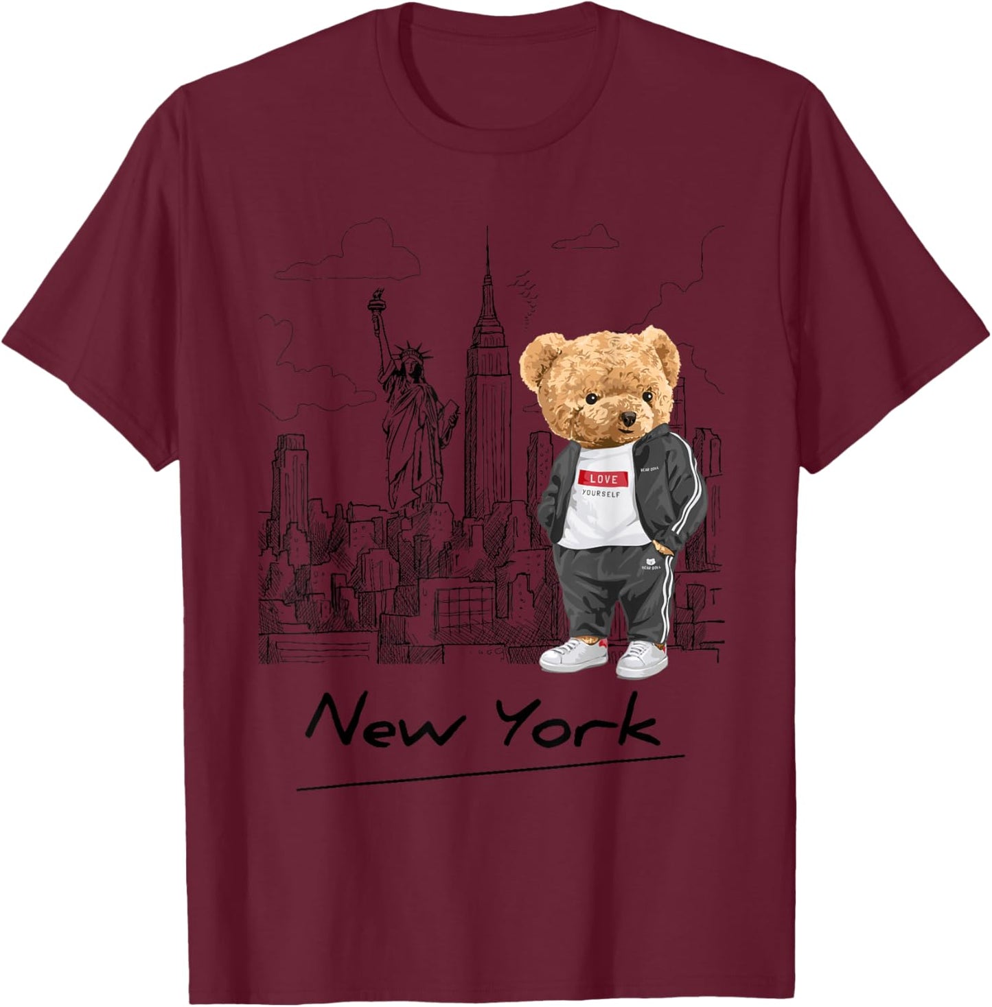 Cool New York City Teddy Bear Illustration Graphic Designs T-Shirt - T-Shirt | Maroon