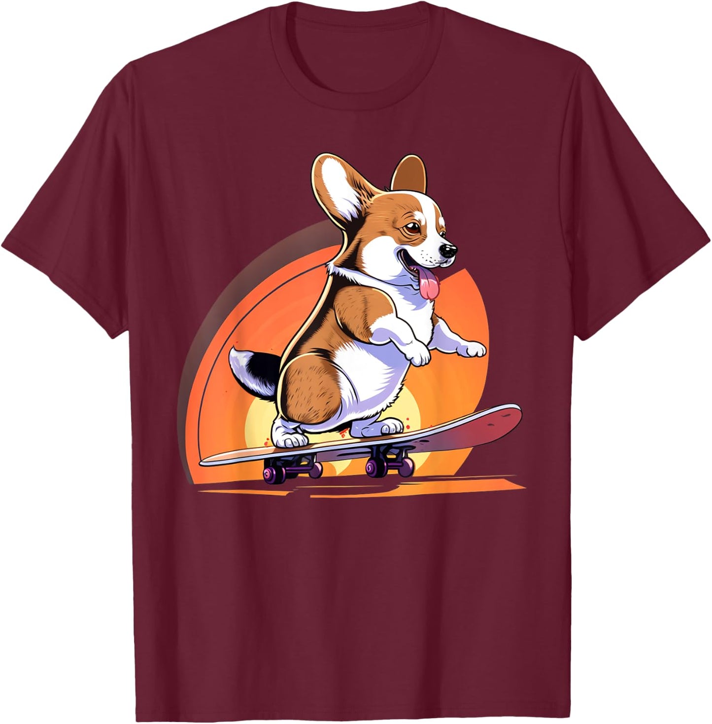 Awesome Rad Animals Kids & Adults Black Corgi Skateboarding T-Shirt - T-Shirt | Maroon