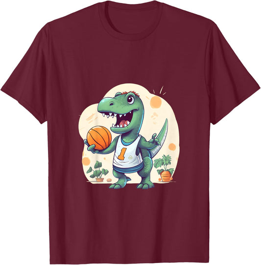 Kids Boy Dinosaur T Rex Playing Basketball T-Shirt - T-Shirt | Maroon
