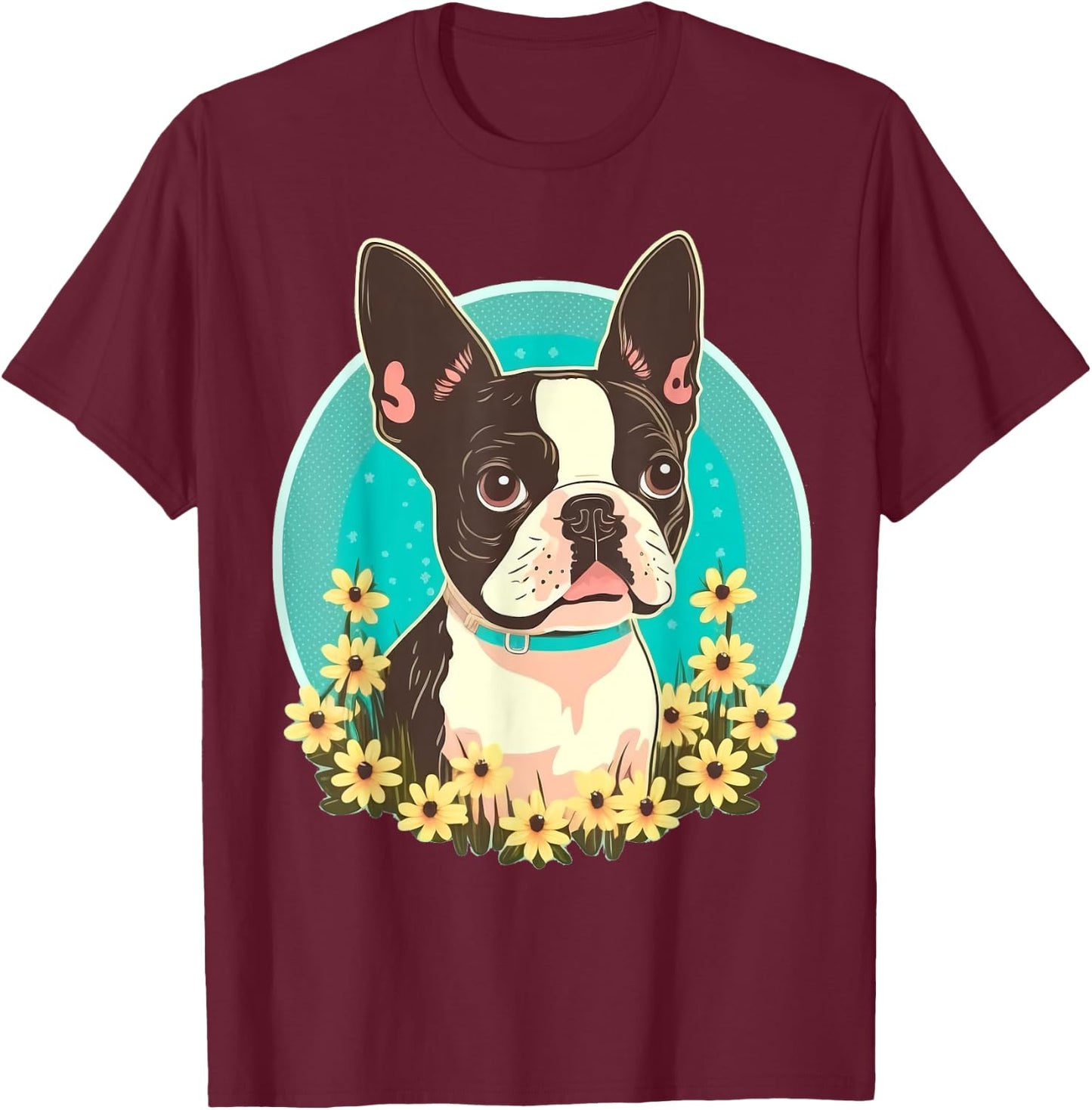 Cute Boston Terrier Dog on Boston Terrier Lover T-Shirt - T-Shirt | Maroon