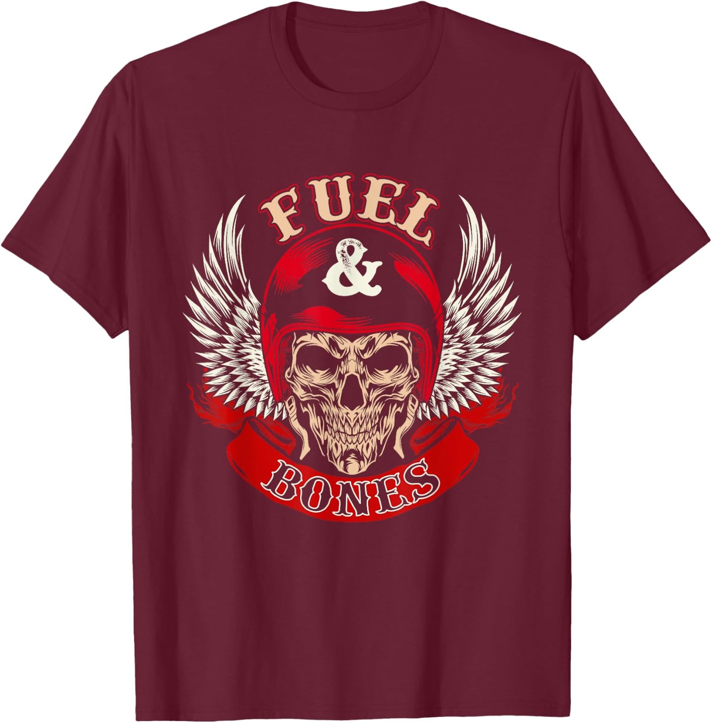 Fuel & Bones - Skull Biker Motorcycle Rider Motorbike Riding T-Shirt - T-Shirt | Maroon