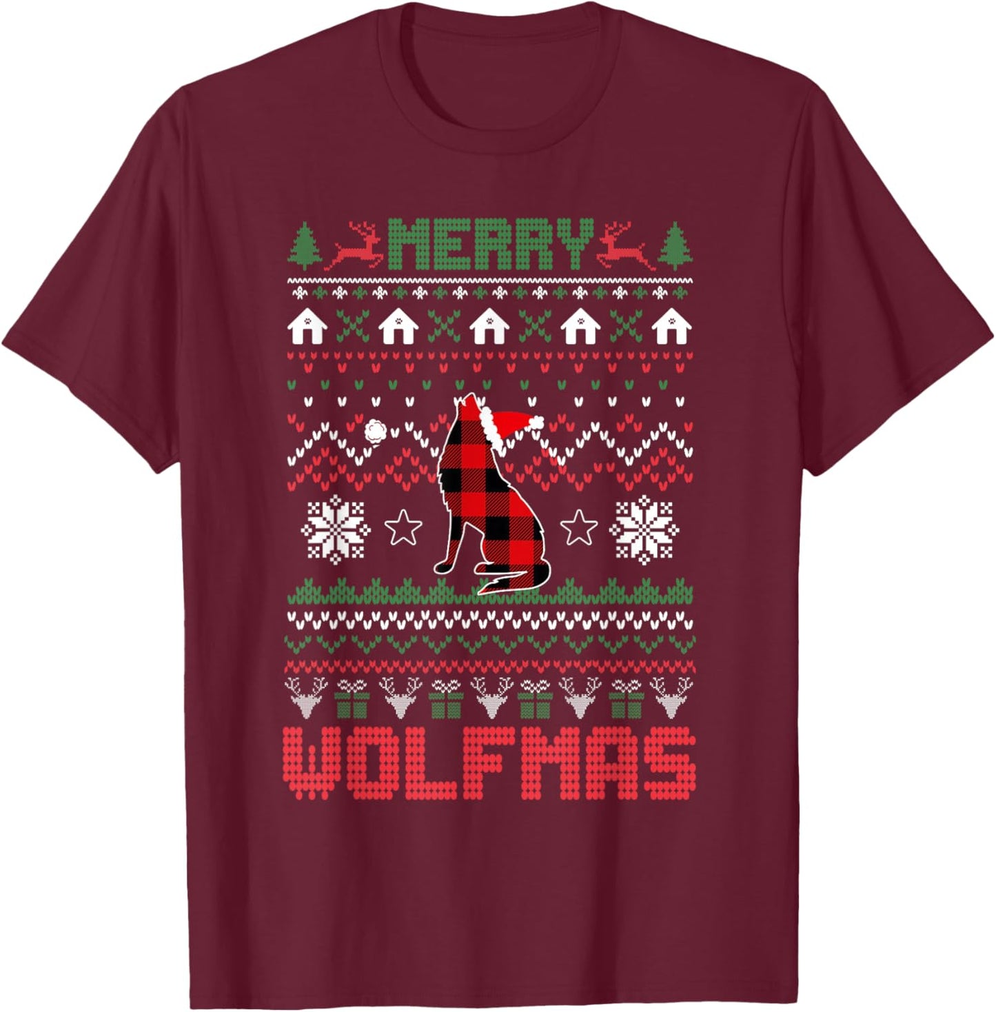 Funny Merry Wolfmas Ugly Christmas Sweater wolf Red Plaid T-Shirt - T-Shirt | Maroon