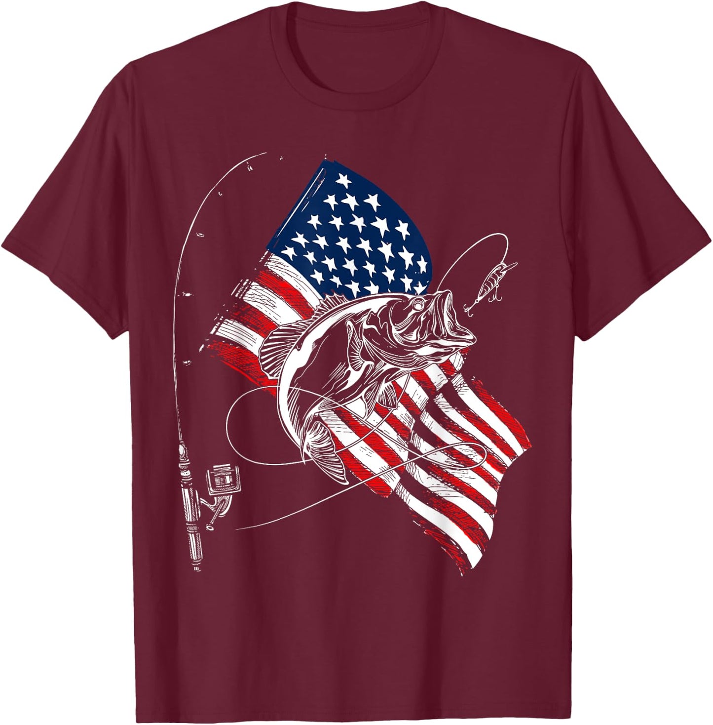 Fishing American Flag 4th Of July Fisherman Bass T-Shirt - T-Shirt | Maroon