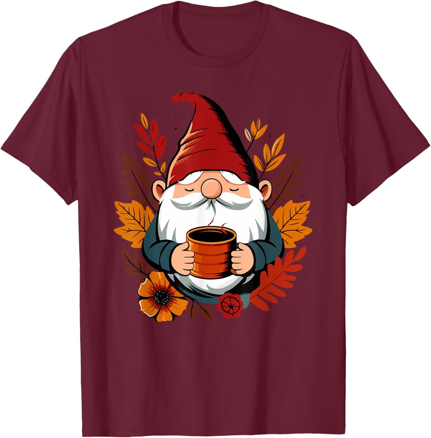 Fall Gnome with coffee cup T-Shirt - T-Shirt | Maroon