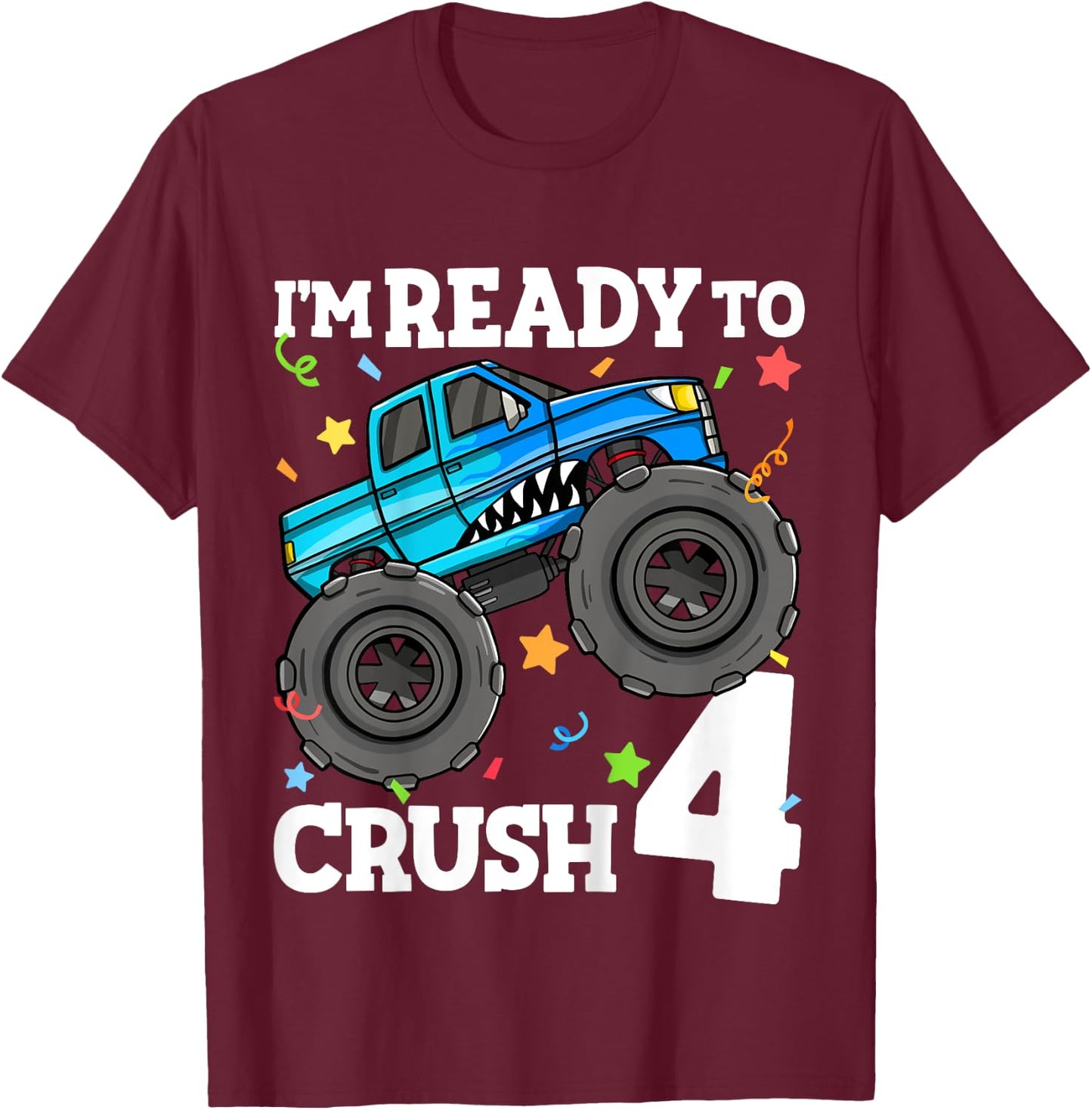 Kids Monster Truck Shark 4th Birthday Boy Toddler 4 Four Year Old T-Shirt - T-Shirt | Maroon