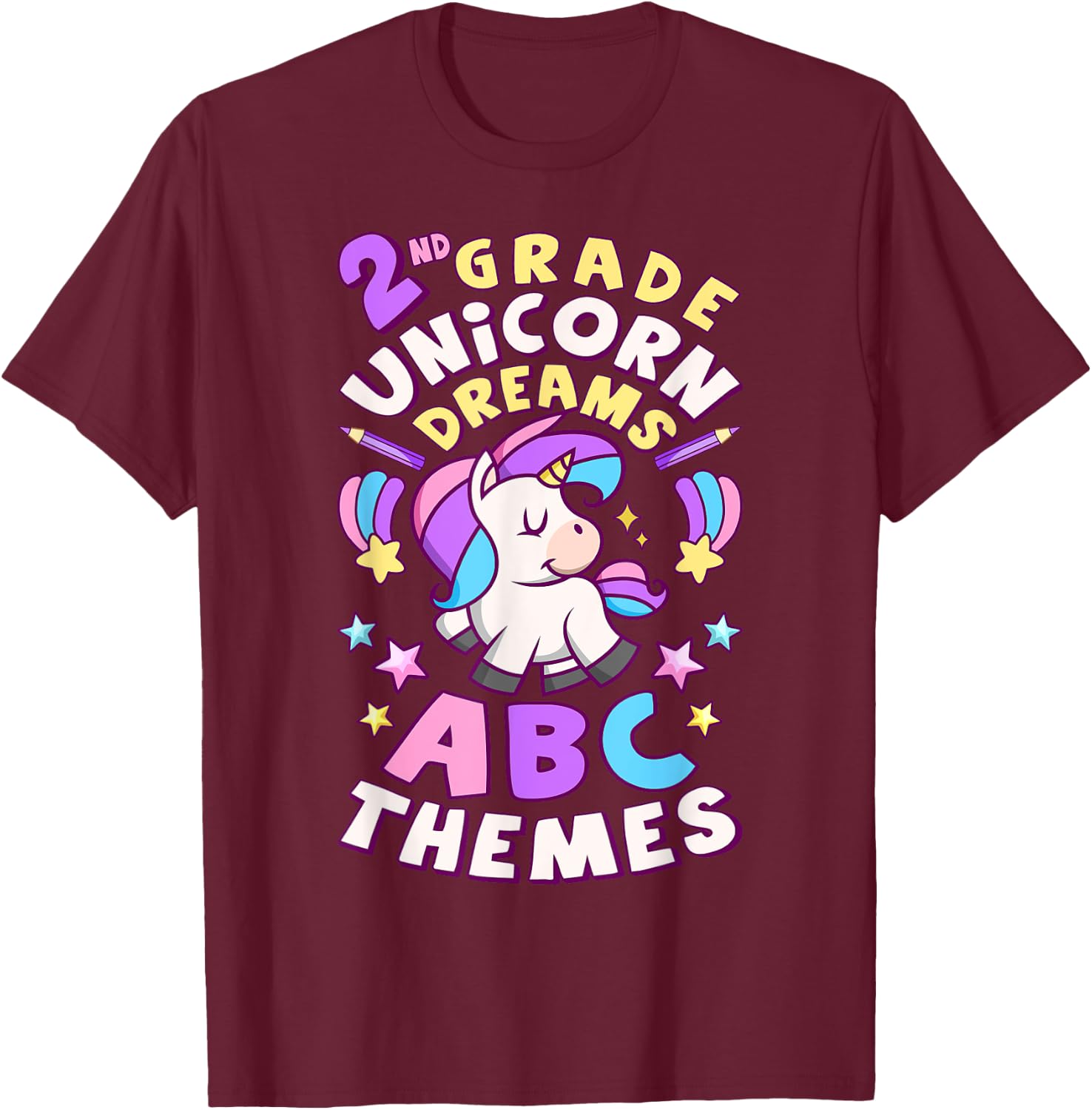 First Day of 2nd Grade, Back To School, Girl, Unicorn, ABC T-Shirt - T-Shirt | Maroon