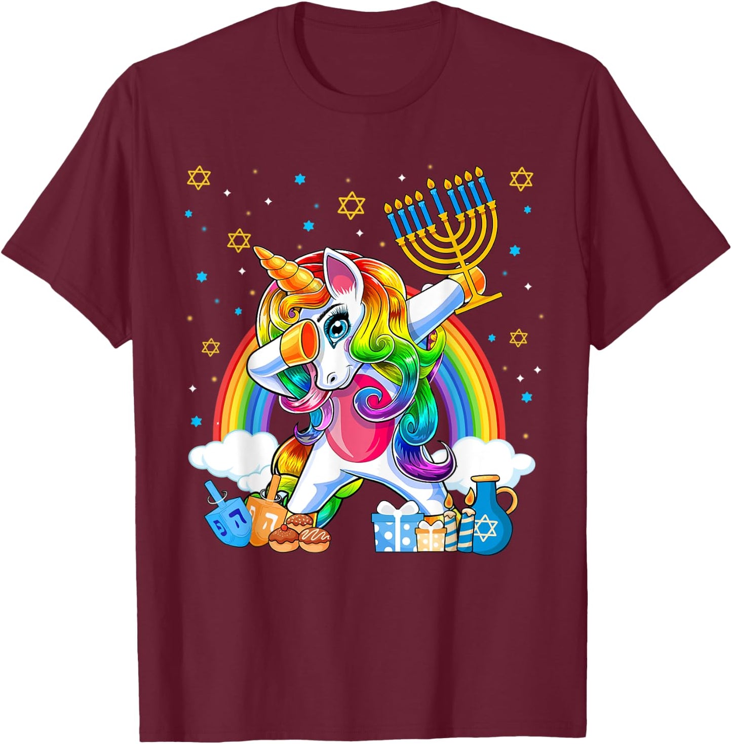 Happy Hanukkah Dabbing Unicorn Girls Chanukah Jewish T-Shirt - T-Shirt | Maroon