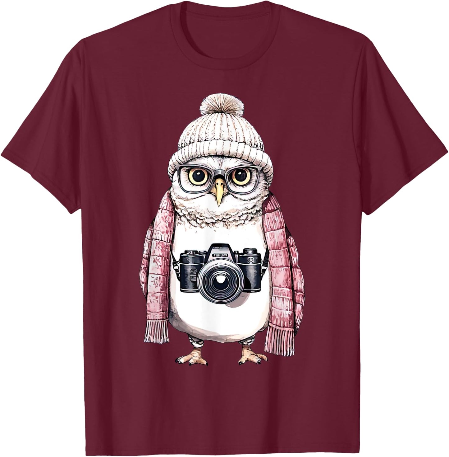 Cute Owl Photography Photographer Camera Men Women T-Shirt - T-Shirt | Maroon