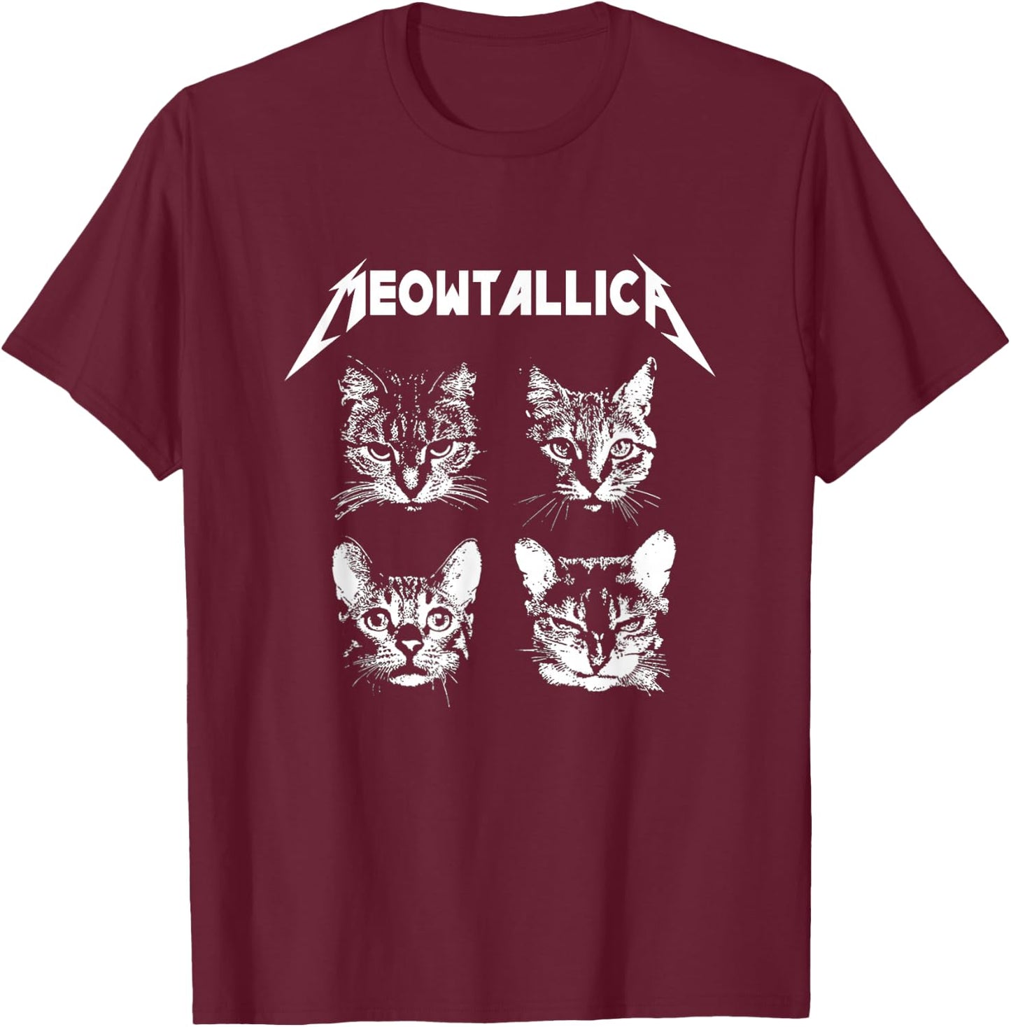 Meowtallica Black White Funny Parody Band Cat Kitten Lover T-Shirt - T-Shirt | Maroon