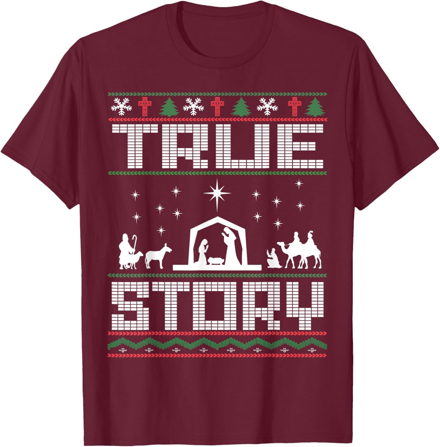 Jesus Nativity Scene Ugly Sweater Christmas Story Christian T-Shirt - T-Shirt | Maroon