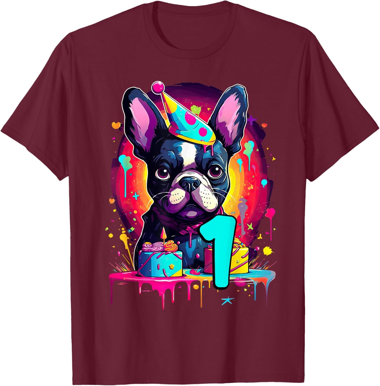 French Bulldog Dog 1st Birthday Themed Party 1 Years Old Men Women Girls Kids T-Shirt - T-Shirt | Maroon