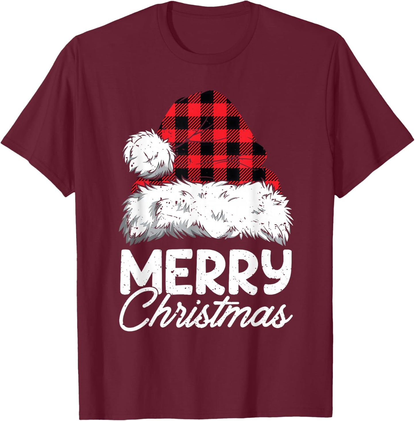 Merry Christmas Buffalo Plaid Red Santa Hat Xmas Pajamas T-Shirt - T-Shirt | Maroon