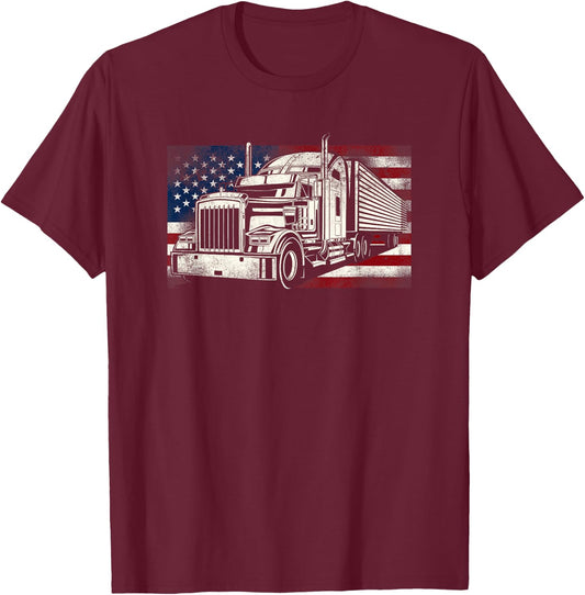Trucker Truck Driver American Usa Flag Vintage T-Shirt - T-Shirt | Maroon