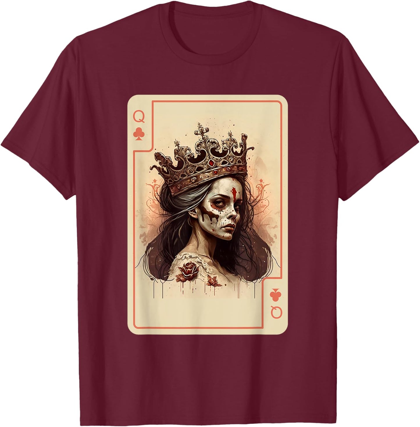 Gothic Halloween Card Game Creepy Poker Cards Queen of Clubs T-Shirt - T-Shirt | Maroon