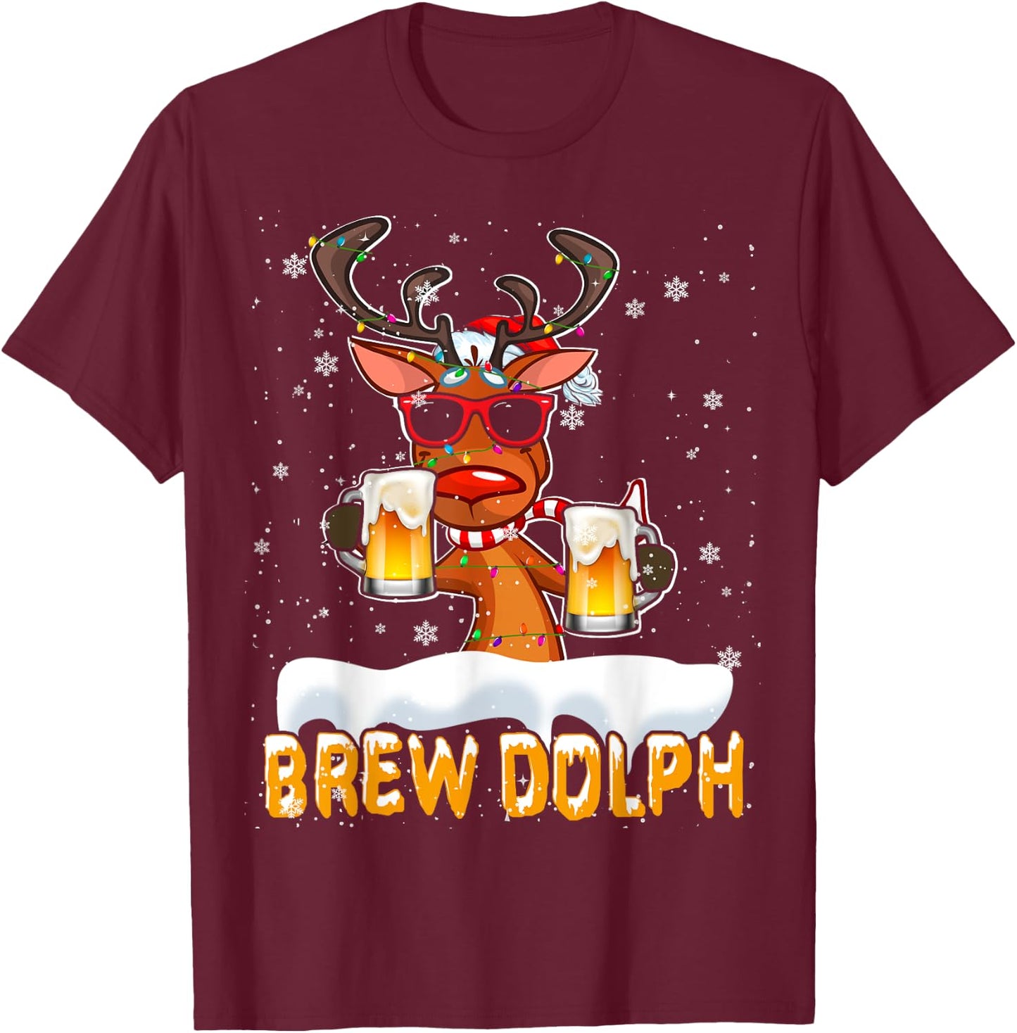 Brew Dolph Christmas Lights Santa Reindeer Beer Drinking T-Shirt - T-Shirt | Maroon