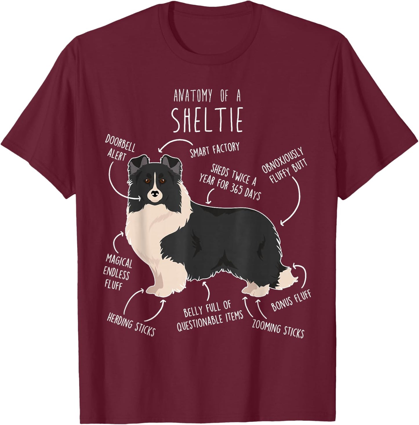 Bi Black Sheltie Shetland Sheepdog Anatomy, Funny Cute Pet Men Women Girls Kids T-Shirt - T-Shirt | Maroon
