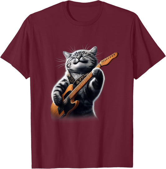 Cat Playing Guitar - Funny Rock Music Guitar Cat Men Women Kids T-Shirt - T-Shirt | Maroon