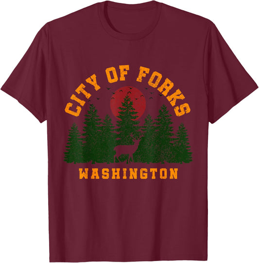 City Of Forks Washington Deer Nature Hiking Camping Pride T-Shirt - T-Shirt | Maroon