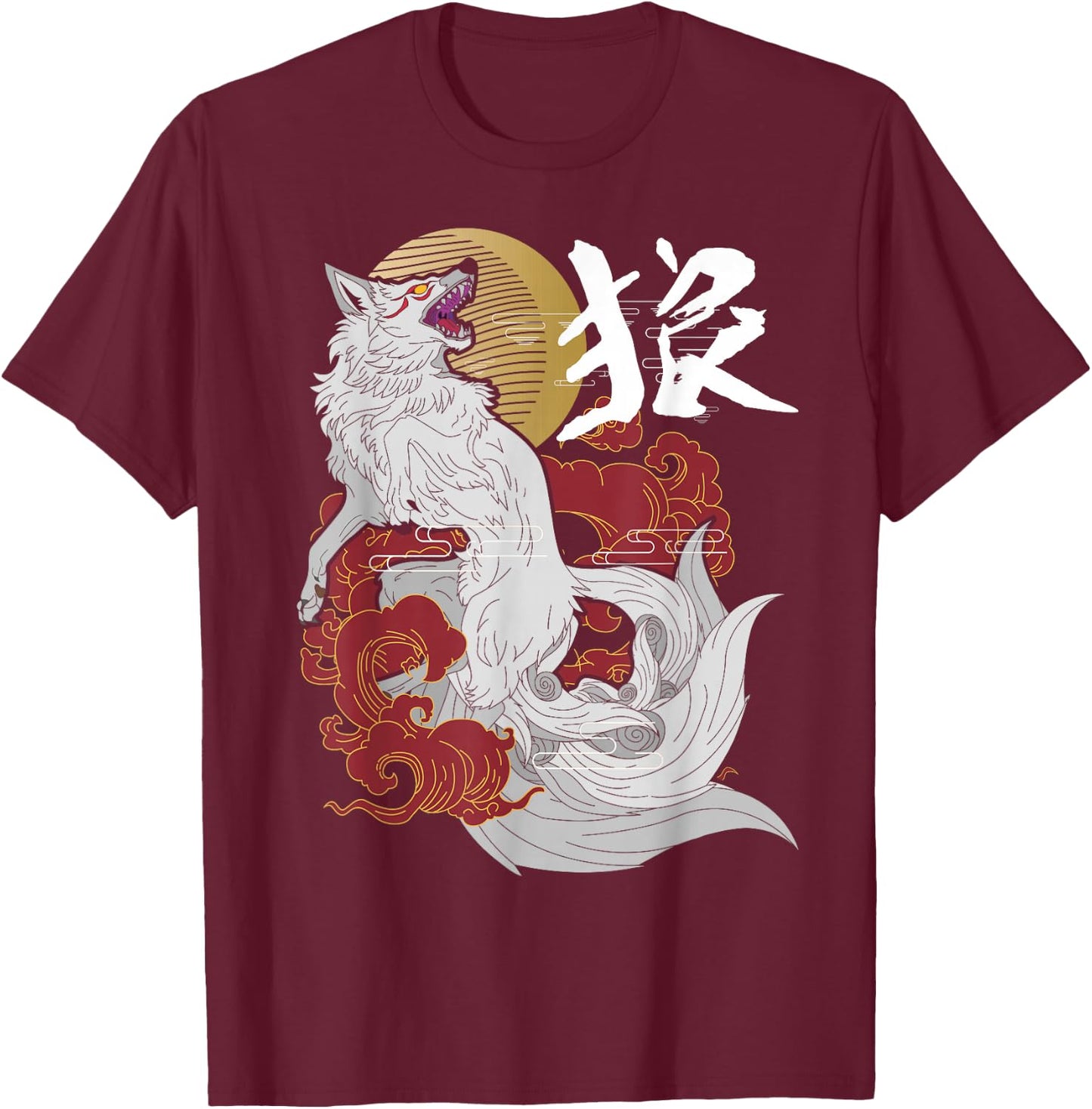 Anime Manga Wolf Calligraphy Japanese Art Aesthetic Otaku T-Shirt - T-Shirt | Maroon