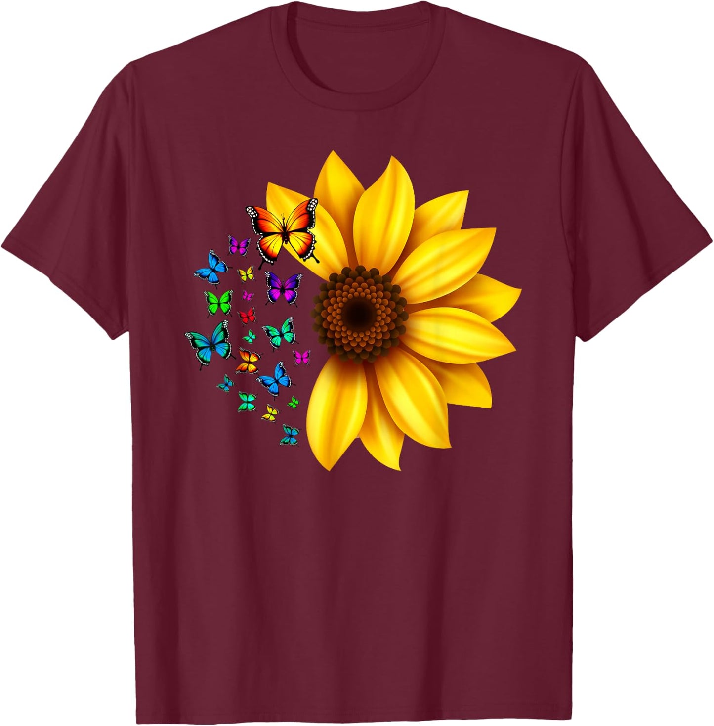 Sunflower Butterflies Design T-Shirt - T-Shirt | Maroon