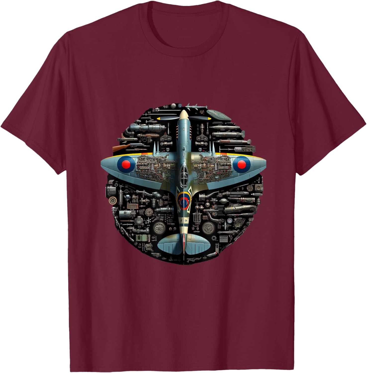 WW2 Warplane Spitfire Anatomy Assembly Parts Blueprint T-Shirt - T-Shirt | Maroon