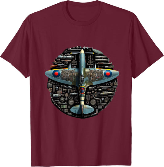 WW2 Warplane Spitfire Anatomy Assembly Parts Blueprint T-Shirt - T-Shirt | Maroon