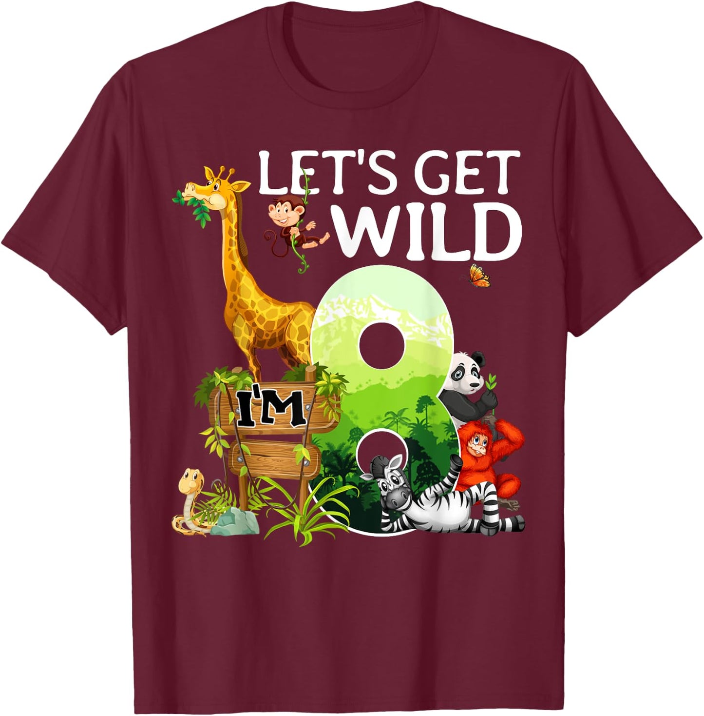 8th Birthday Boys Girls 8 Years Old Safari Jungle Animal Zoo T-Shirt - T-Shirt | Maroon