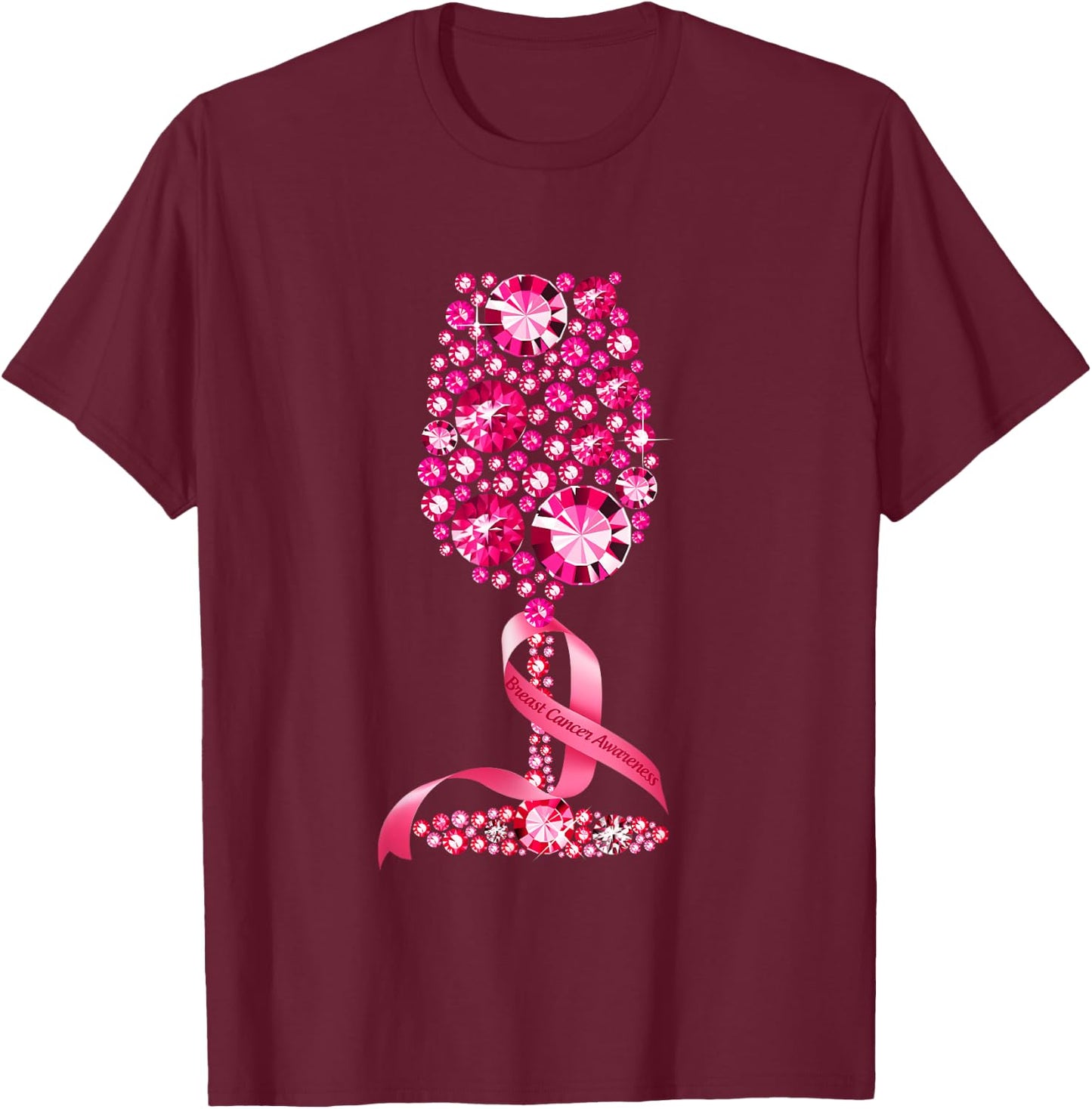 Pink Ribbon Wine Glass Breast Cancer Awareness Wine Lovers T-Shirt - T-Shirt | Maroon