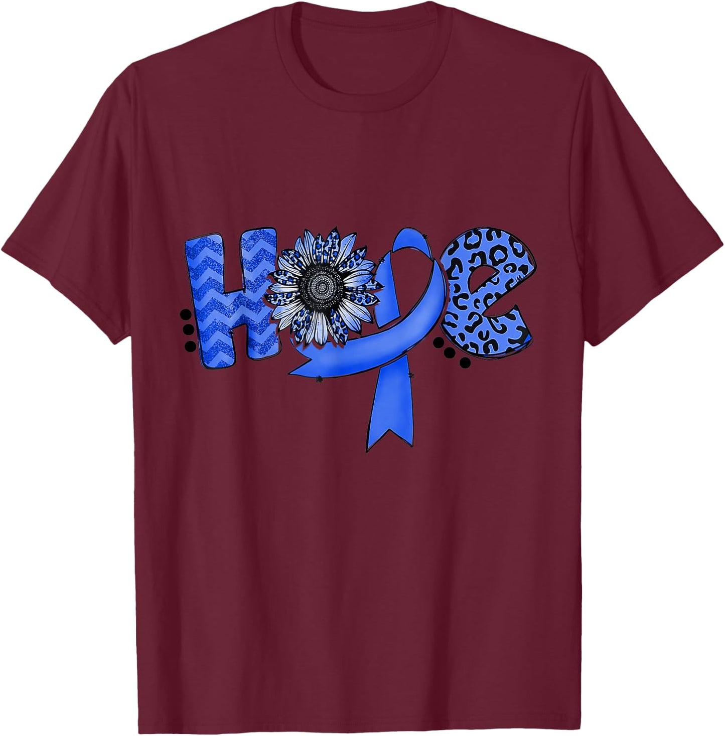Hope Blue Ribbon Sunflower Colorectal Colon Cancer Awareness T-Shirt - T-Shirt | Maroon