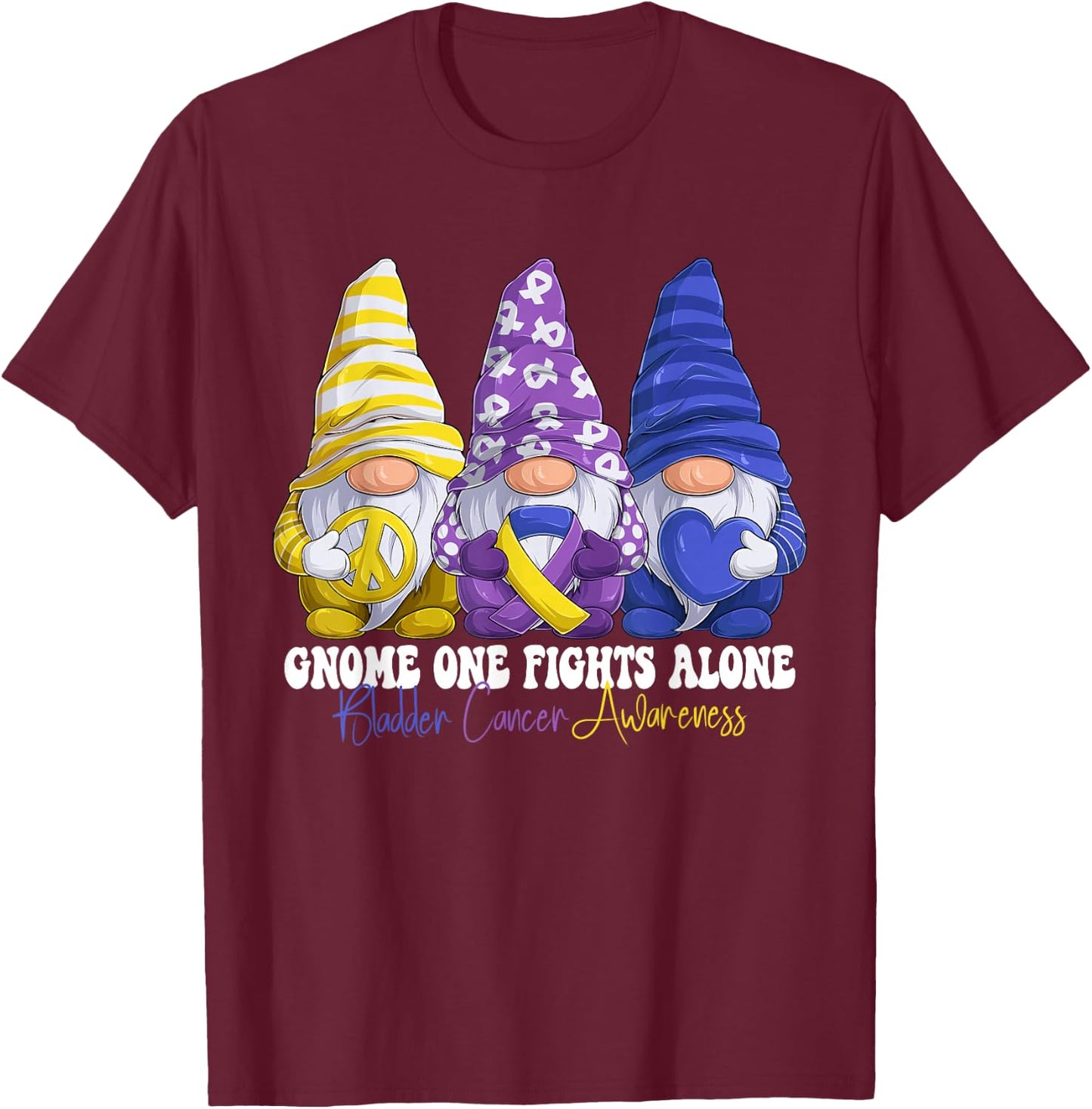 Funny Gnomies Bladder Cancer Awareness Month Purple Ribbon T-Shirt - T-Shirt | Maroon