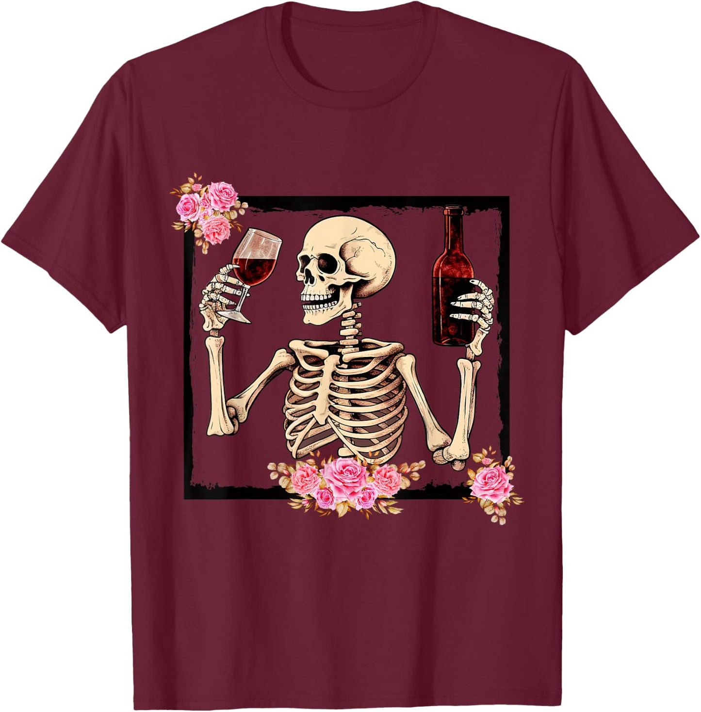 Halloween Funny Hallo-Wine Floral Skeleton Drinking Wine T-Shirt - T-Shirt | Maroon