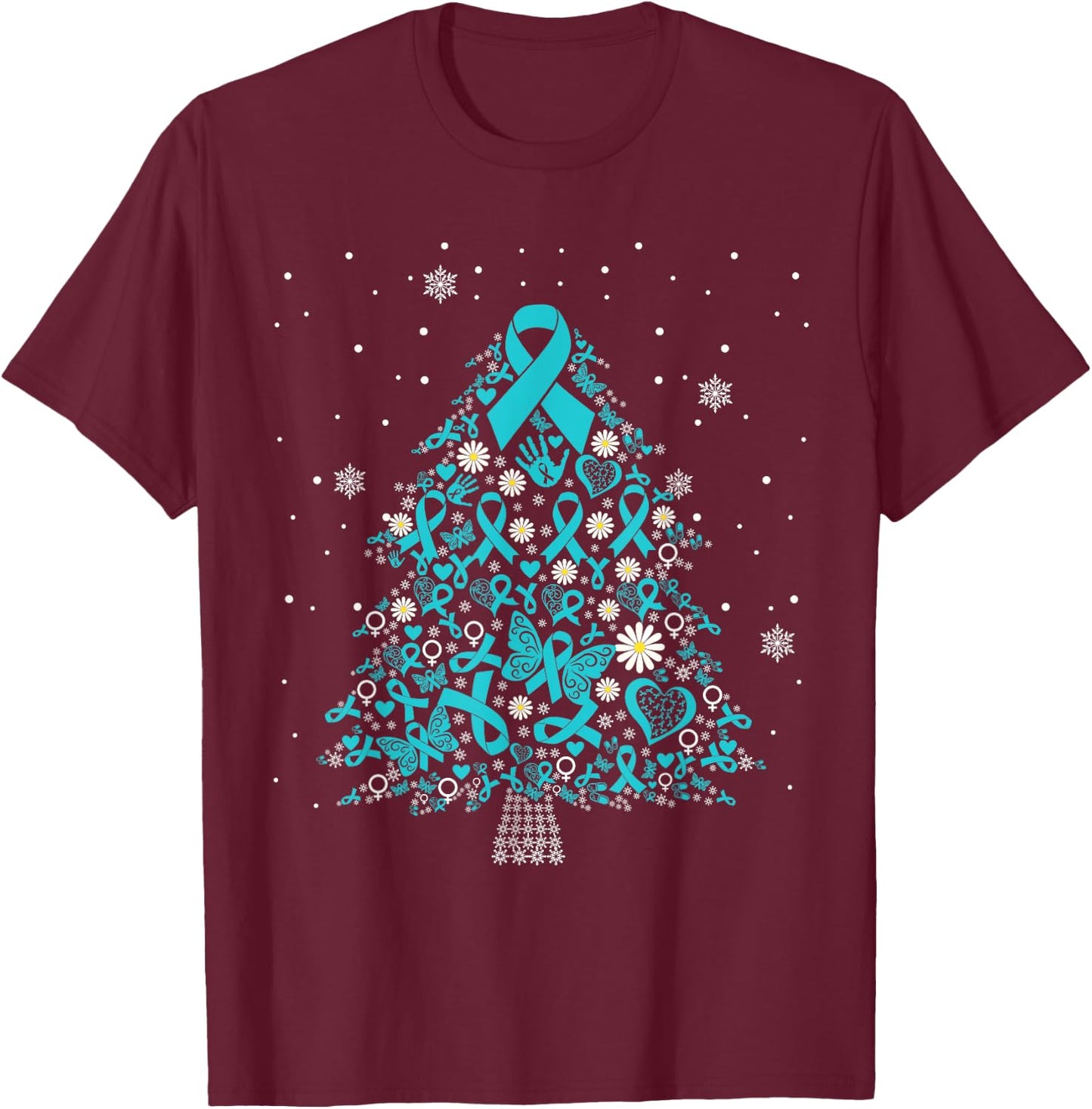 ovarian cancer awareness Christmas tree teal ribbon T-Shirt - T-Shirt | Maroon