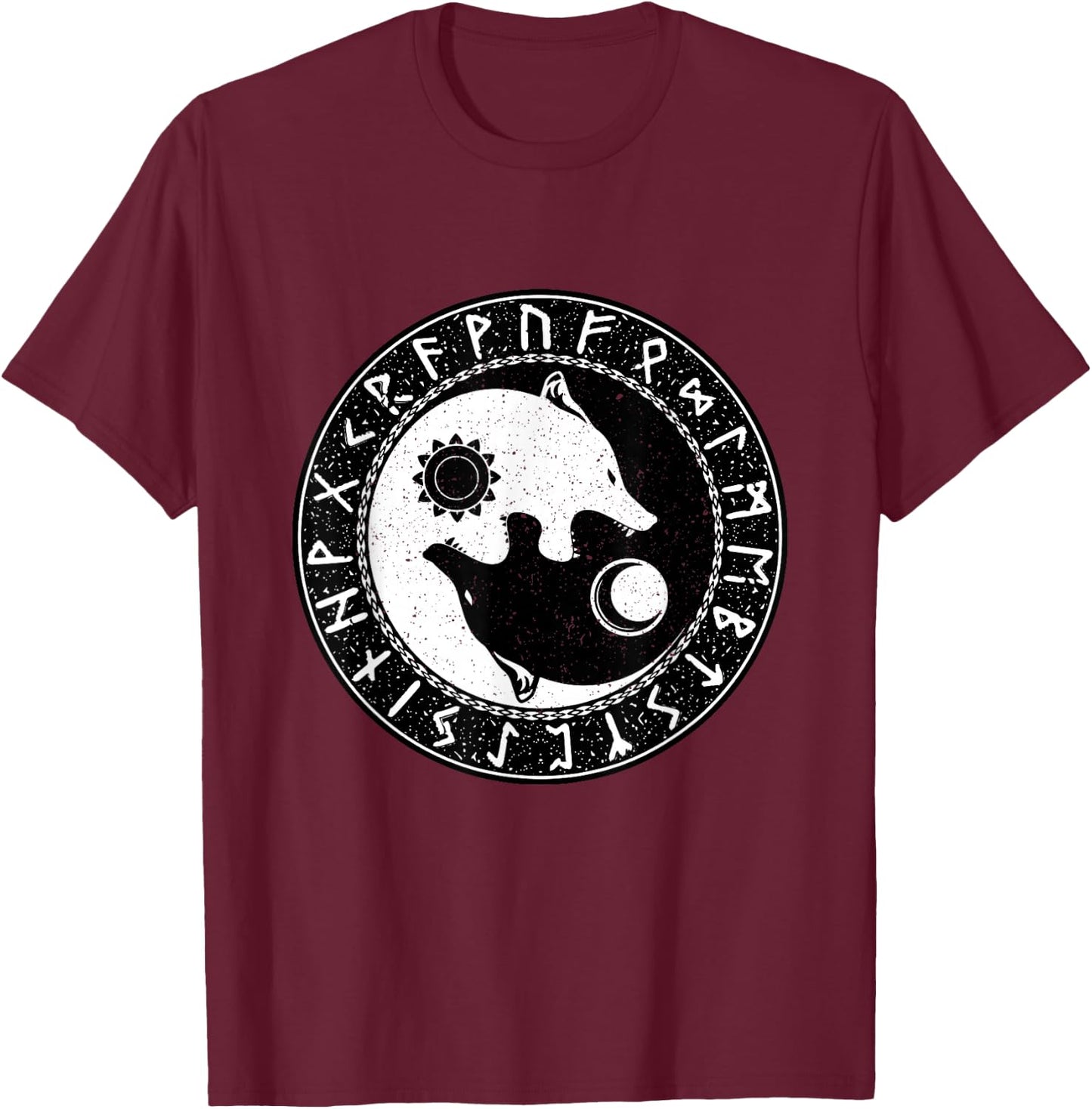Vintage Norse Mythology Ragnarok Skoll And Hati Viking Wolf T-Shirt - T-Shirt | Maroon