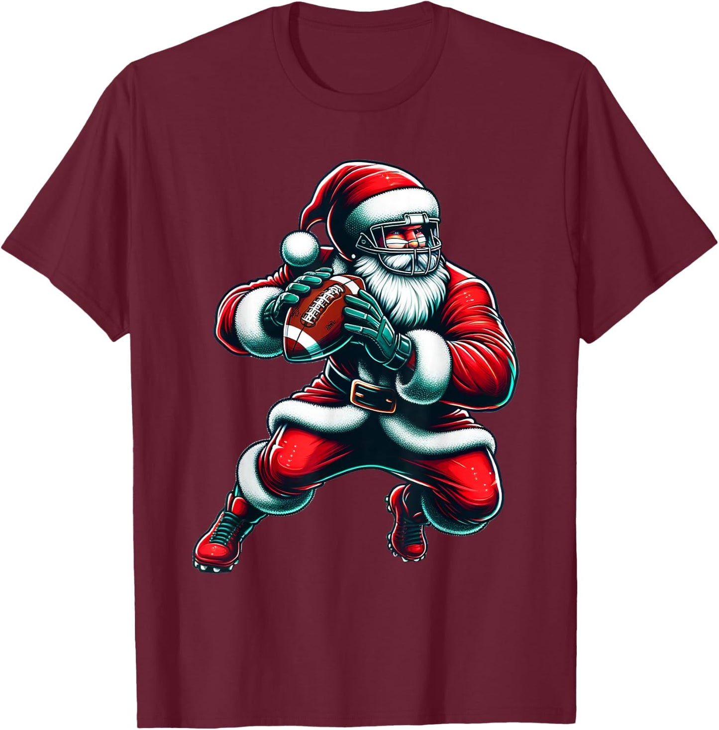 Santa Playing American Football Christmas Women Men Kids T-Shirt - T-Shirt | Maroon