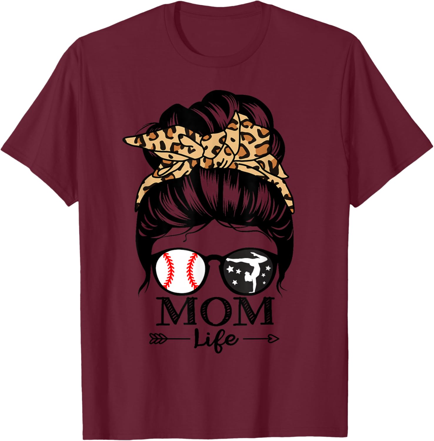 Mom Life Messy Bun Hair Funny Baseball Gymnastics Mom T-Shirt - T-Shirt | Maroon