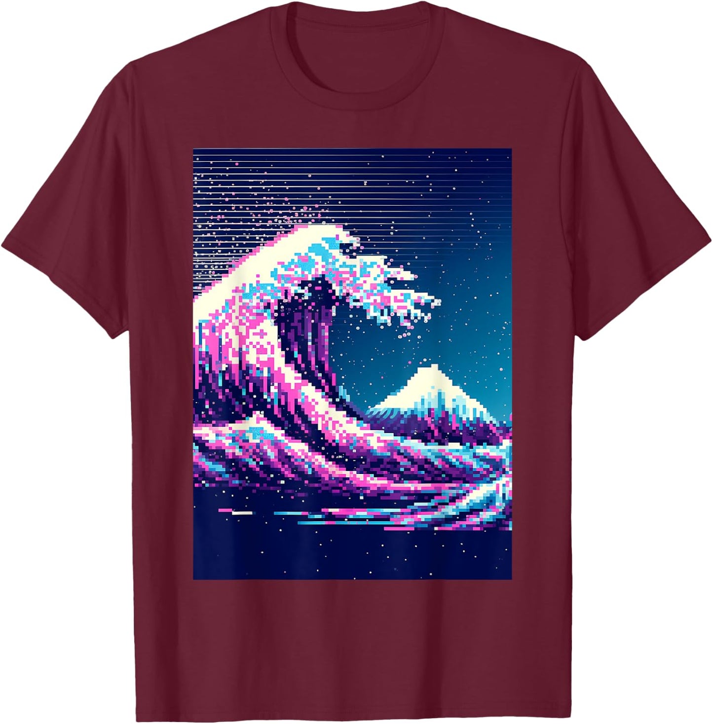 Vaporwave Glitch Aesthetic Great Wave off Kanagawa Retro T-Shirt - T-Shirt | Maroon