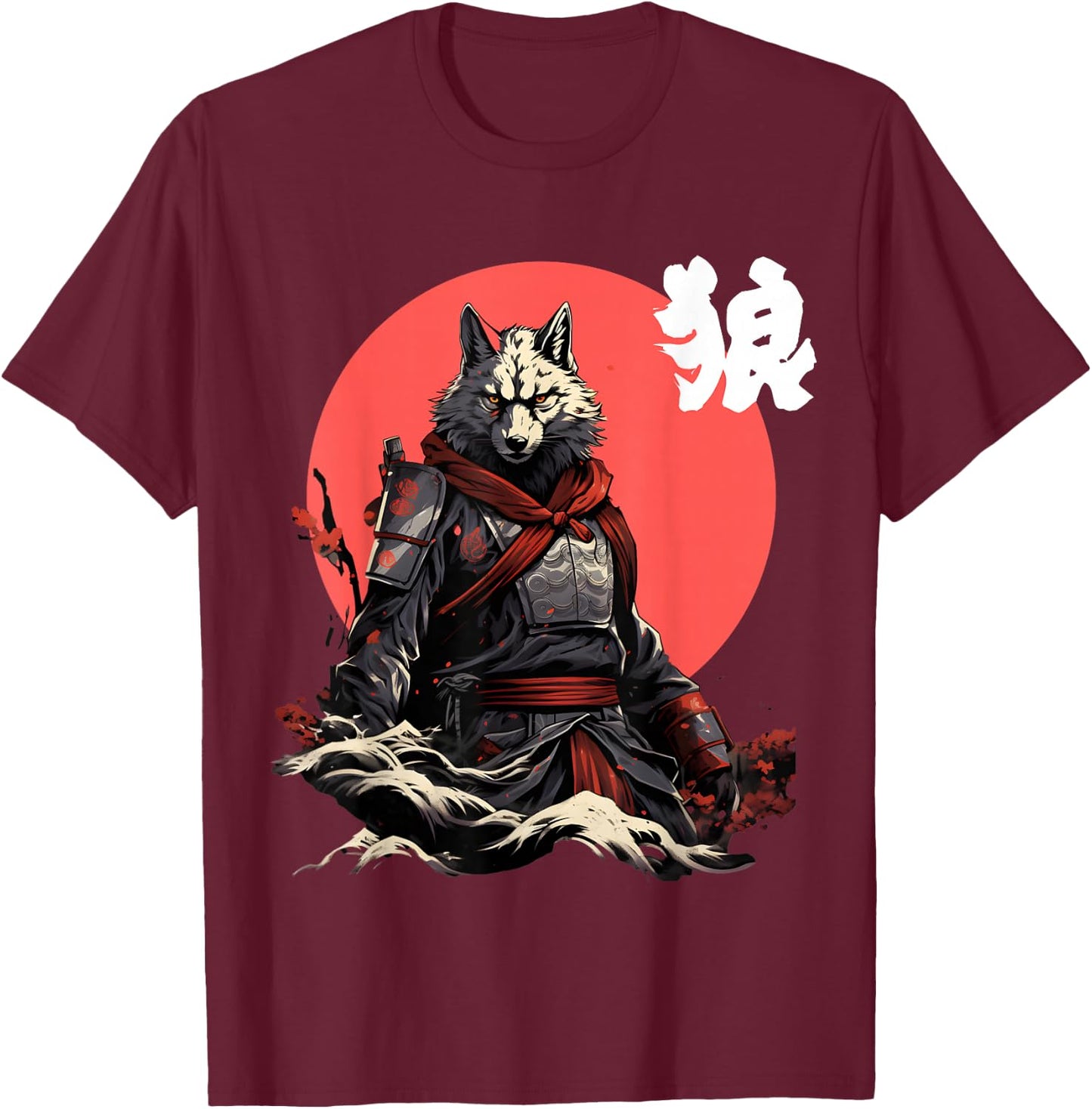 Japanese Wolf Ninja Japanese Character Cool Wolf T-Shirt - T-Shirt | Maroon